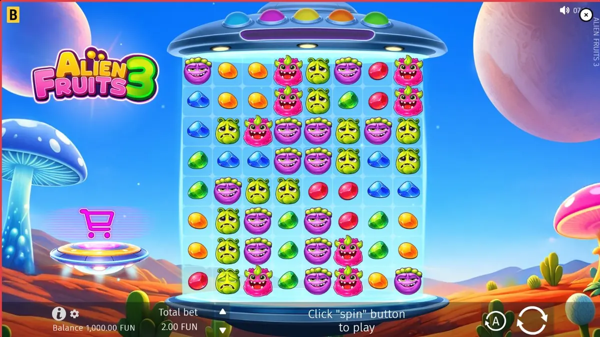 Tampilan layar slot Alien Fruits 3 dengan tema neon luar angkasa dan grid 8x8